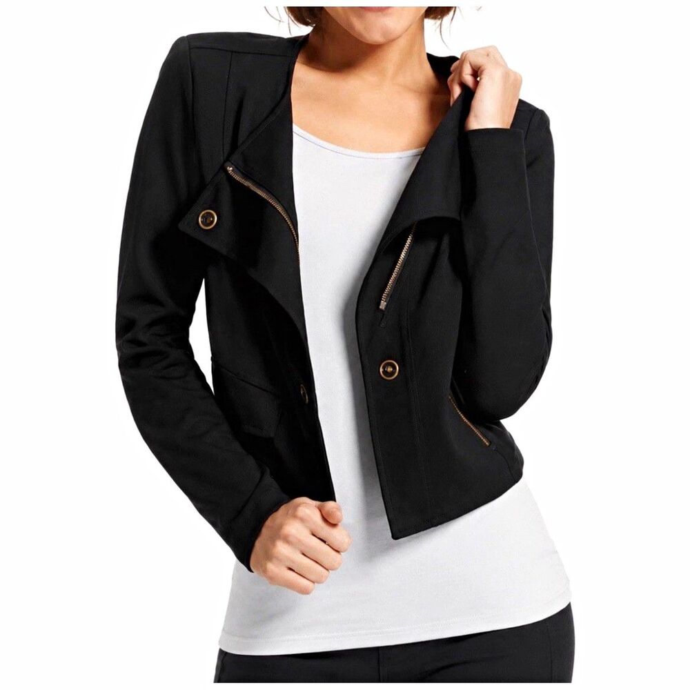 CAbi Womens Black Moto Zip Jacket Pockets Y2K  Long Sleeve Short Coat Sz M